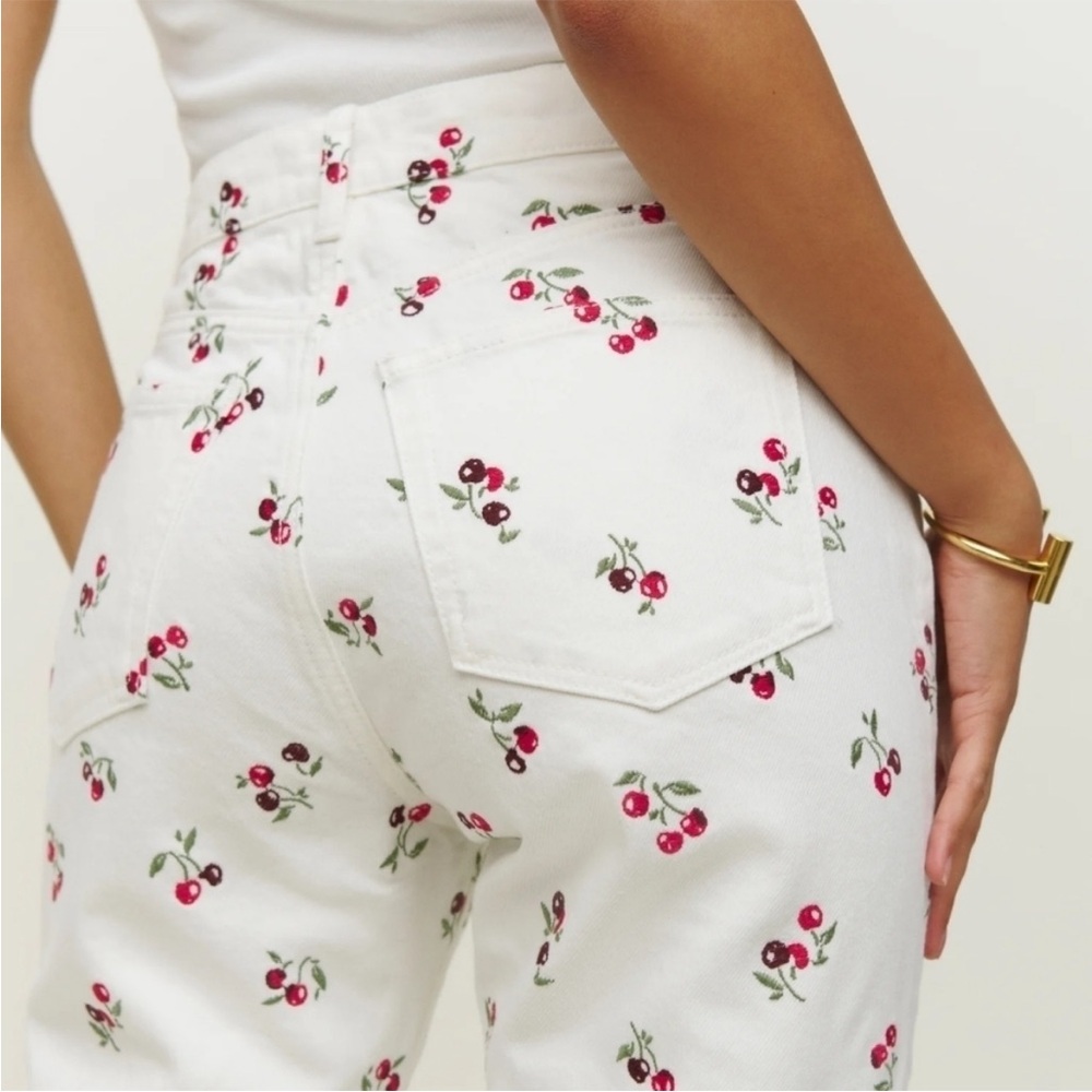 Reformation White Denim Jeans with Cherry Print